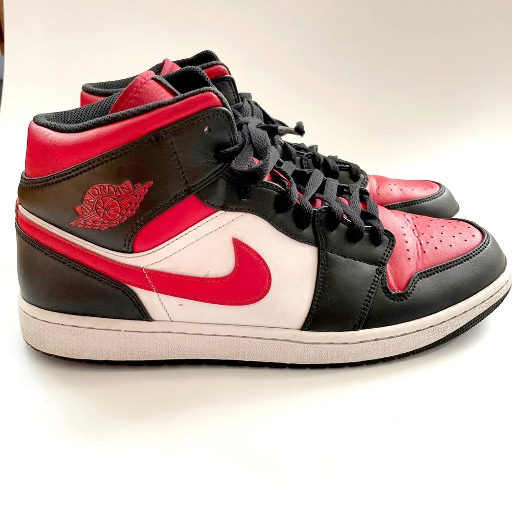 Nike Air Jordan 1 Mid Bred Toe Sneakers Black White Red Mens 11.5 Retro